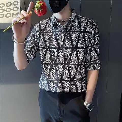 花衬衫男五分袖春秋季痞帅发型师男装斑马纹印花衬衣CS109,男装衬衫,星座1116A-2（原606A-1）