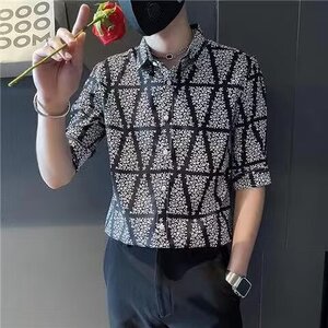 花衬衫男五分袖春秋季痞帅发型师男装斑马纹印花衬衣 CS109图片