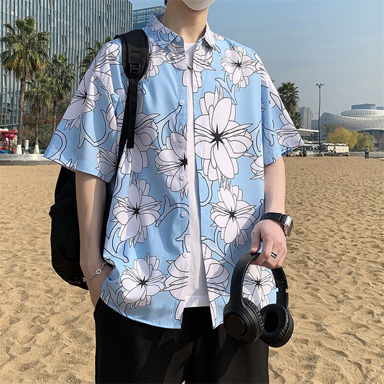 店主风夏季冰丝港风大码复古碎花短袖衬衫花衬衣男7231P35,男装衬衫,电商A056