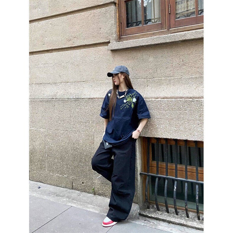 现货美式花卉刺绣短袖T恤男女潮牌夏季宽松情侣上衣LD26599-p43,男装T恤,星座1008
