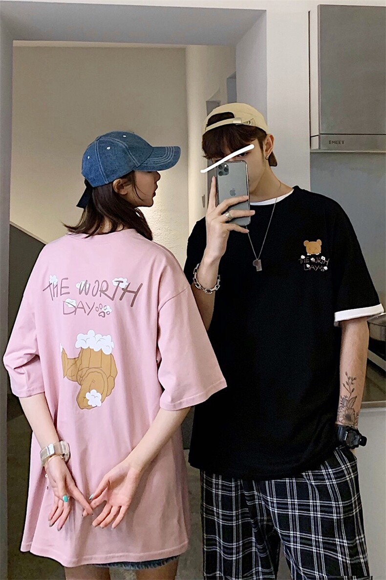 2021情侣装夏季新款小熊印花短袖T恤ins百搭宽松上衣D83女类,女装T恤,电商A335-1（原A458）