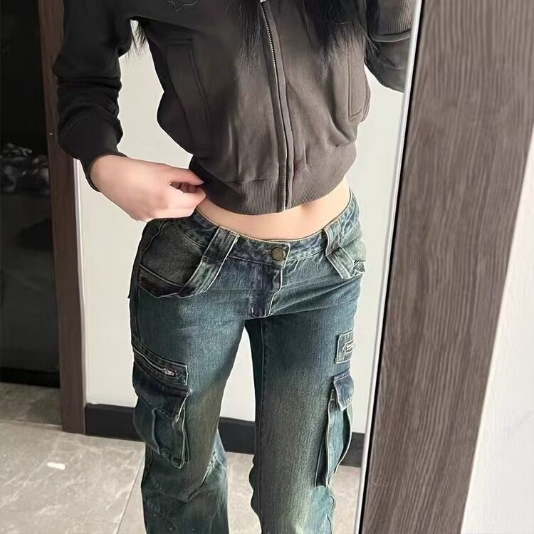 复古低腰口袋工装微喇叭裤子女2025年春秋辣妹设计感工装牛仔裤潮,男装牛仔裤,星座1210-1