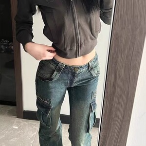 复古低腰口袋工装微喇叭裤子女2025年春秋辣妹设计感工装牛仔裤潮图片