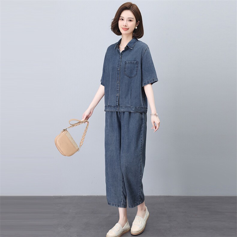 时尚薄款牛仔套装女夏季2025新款宽松休闲中年妈妈洋气减龄两件套,女装套装/套裙,悦见她