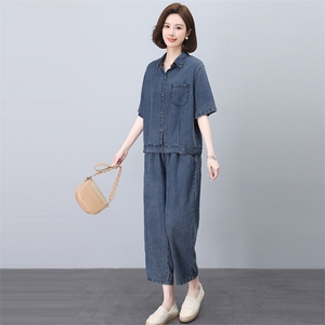 时尚薄款牛仔套装女夏季2025新款宽松休闲中年妈妈洋气减龄两件套图片