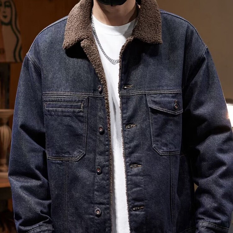 美式复古加绒加厚牛仔外套男2025冬季潮牌宽松羊羔绒保暖棉服夹克,男装工装外套,星座218-8