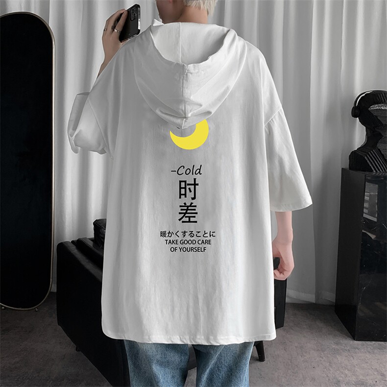 LD54047-P45连帽短袖t恤男大码胖子带帽五分袖中袖,男装T恤,电商A040
