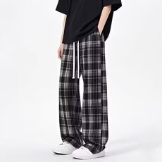 美式复古抽绳设计感格子裤子男女新款直筒运动宽松阔腿休闲长裤，男装休闲裤，星座715-4