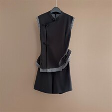 时尚减龄新中式风套装女夏季新款格纹拼接立领上衣短裤两件套潮图片