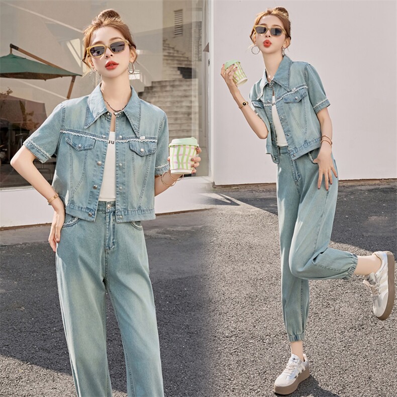 夏季时尚牛仔套装女2025年新款休闲穿搭欧货时髦洋气九分裤两件套,女装套装/套裙,意芙