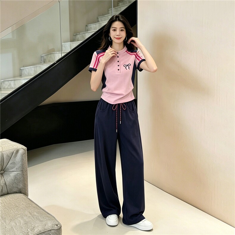 设计款时尚休闲套装女夏款简约百搭条纹拼接短袖上衣阔腿裤两件套,女装套装/套裙,江南