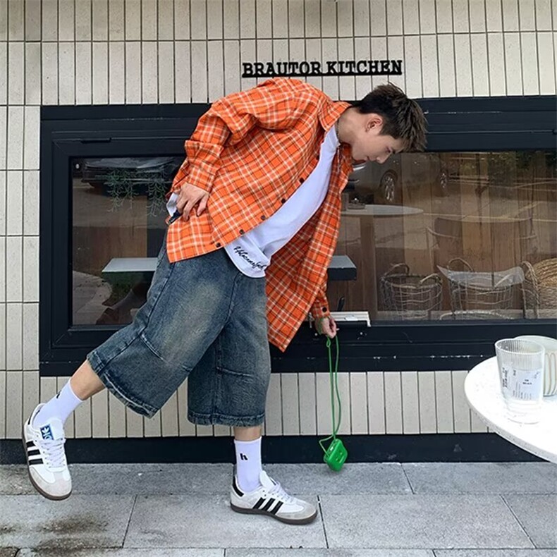 美式复古格纹长袖衬衫男女宽松百搭休闲新款情侣衬衣YAA16-P45,男装衬衫,星座208-5