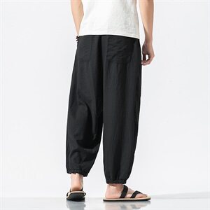 2021春秋季日系宽松九分裤男大码仿麻阔腿哈伦裤QT6005-D图片