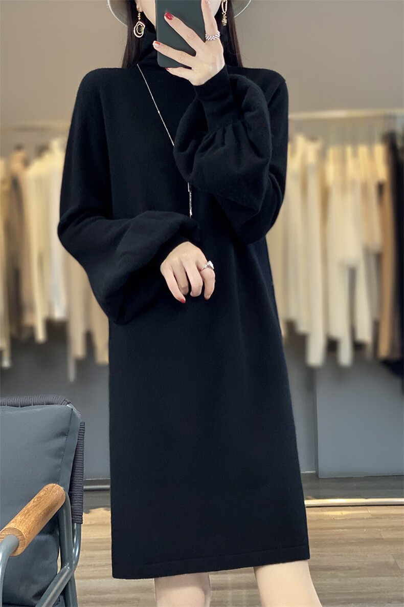 连衣裙女2024年秋季新款时尚高翻领灯笼袖长裙,女装连衣裙,盛鼎羊绒