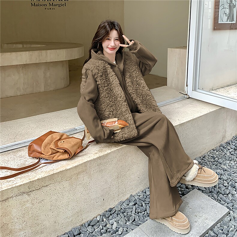 现货2D078-Y3384-P285K399加厚休闲套装+羊羔毛马甲3件套2色,女装棉衣/棉服,2D078