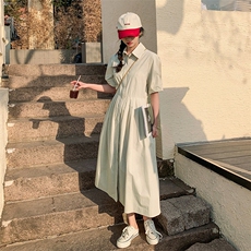 短袖衬衫连衣裙女夏新款韩版通勤简约百搭纯色长款裙子p115-k168，女装连衣裙，辉之琳