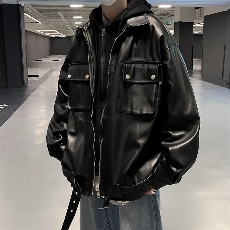 假两件皮衣男韩版潮流连帽美式帅气2024秋季新款ins外套W5268-P73,男装皮衣,星座412-3