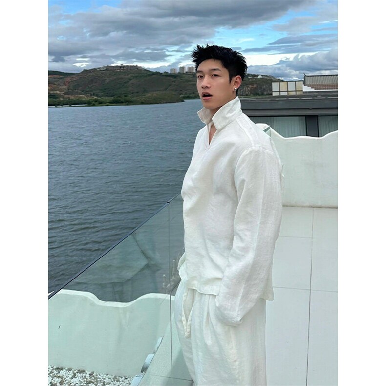 天丝亚麻长袖V领衬衫宽松直筒裤套装TZ087-P100上衣P50裤子P50,男装衬衫,星座1004-3