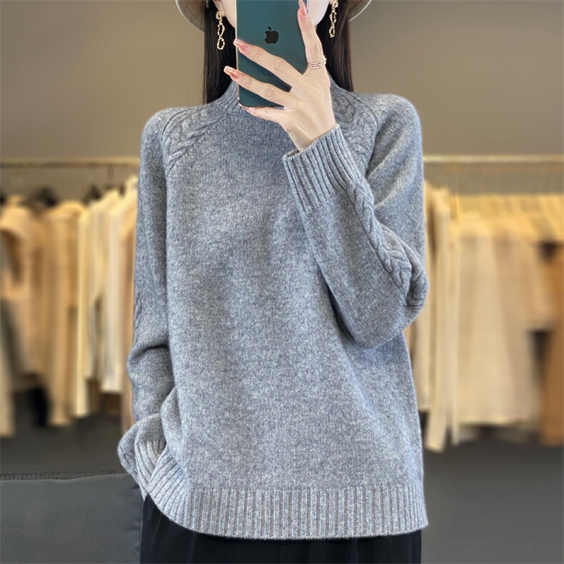 秋冬季羊毛半高领袖口绞花简约复古百搭羊毛衫,女装羊毛衫,忠诺羊绒