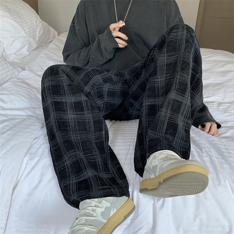 灯芯绒格子裤子男春秋潮流ins直筒阔腿裤G3013P32图片