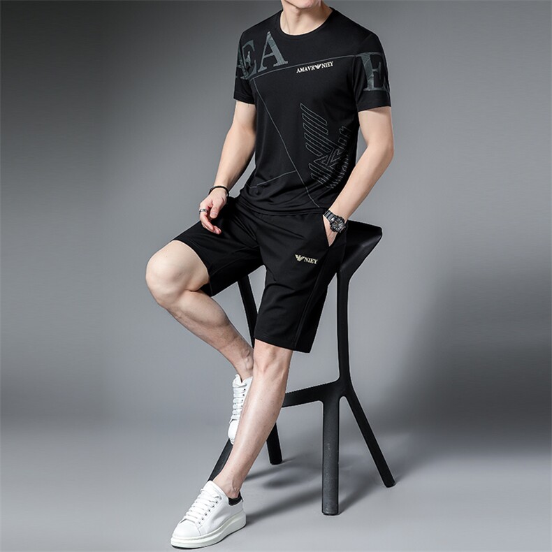 短袖t恤男士2023新款夏季潮牌短裤一套衣服半袖休闲运动冰丝男装,男装休闲套装,电商B212（原钱塘6029）
