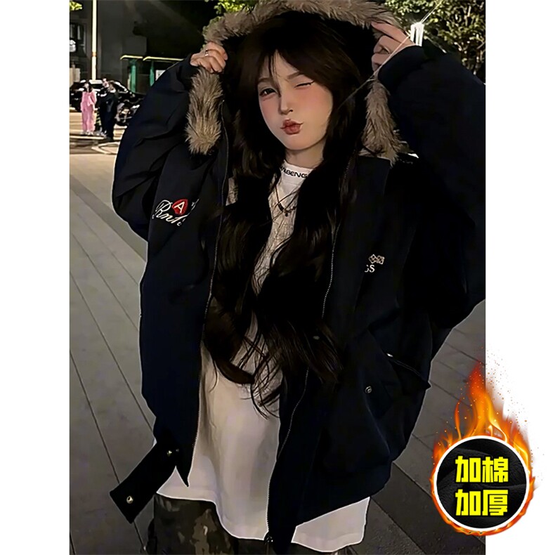 现货高品质美式高街重磅刺绣座山雕大毛毛领棉衣男女加厚棉服外套,男装棉衣,电商A486-1