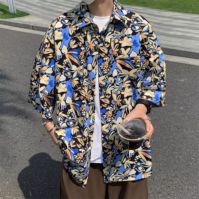 夏季短袖夏威夷印花衬衫男碎花时尚痞帅韩版宽松潮流海边度假图片