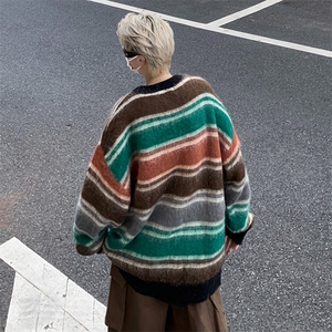日系宽松慵懒风毛衣春秋季条纹针织衫宽松情侣线衣外套MY222/P40图片