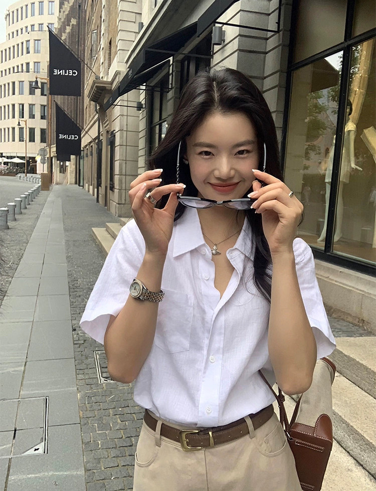 百搭珍珠白亚麻口袋短袖设计感衬衣上衣,女装衬衫,湘姗