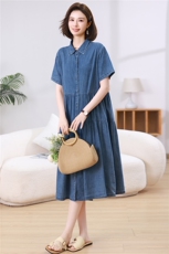短袖中长款H型夏季宽松腰气质时尚简约纯色牛仔连衣裙，女装连衣裙，江忆布依