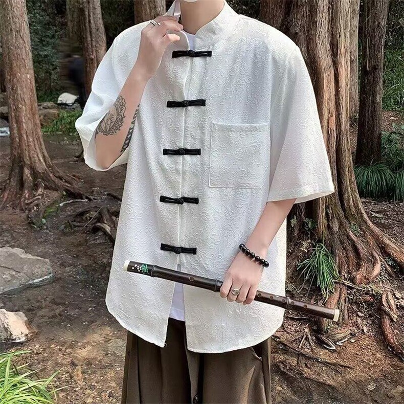 新中式风盘扣短袖衬衫男夏装加肥加大码潮胖人宽松休闲衬衣外搭,男装衬衫,星座218-1（原230）