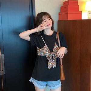心机碎花假两件短袖t袖图片