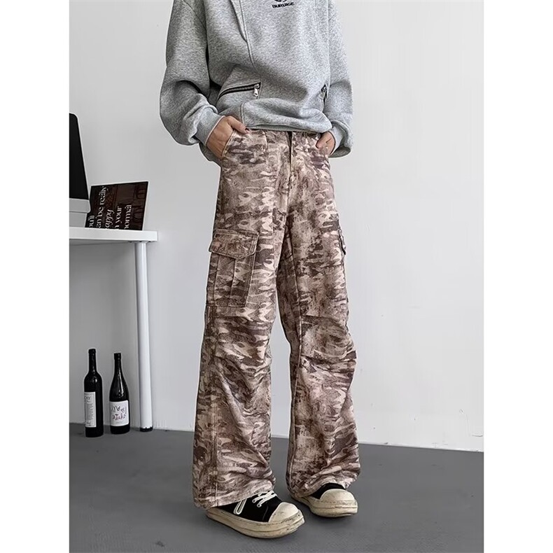 褶皱迷彩伞兵工装裤男秋季美式复古春秋款潮牌宽松直筒裤G46/P60,男装休闲裤,星座506