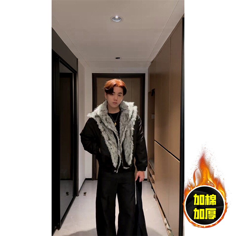 现货高品质美式高街重磅狼王座山雕毛毛领假两件棉衣加厚棉服外套，男装棉衣，电商A486-1