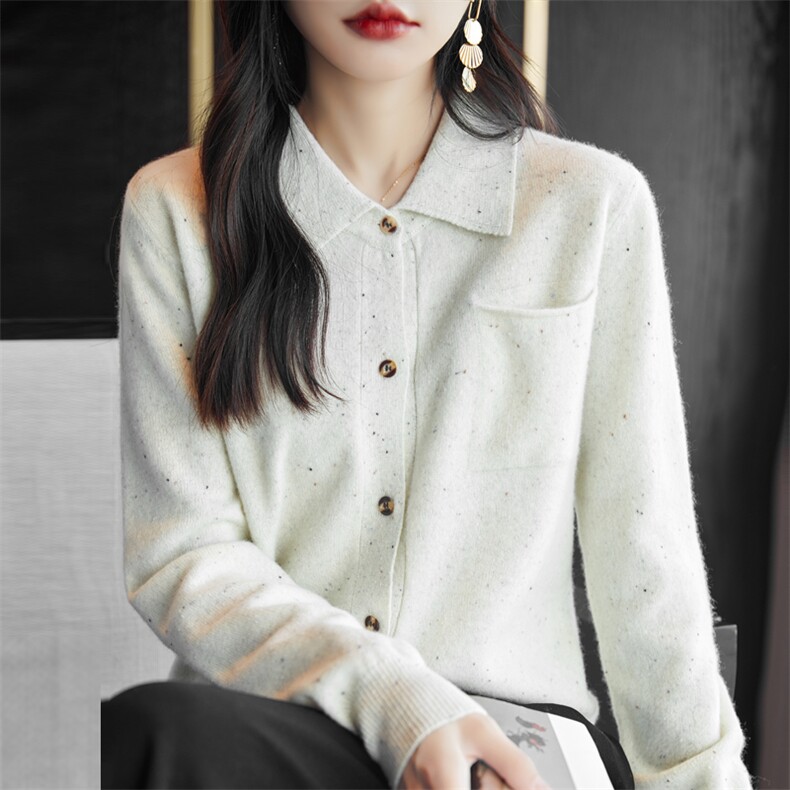 女士点子纱翻领羊毛开衫羊毛保暖舒适,女装羊毛衫,昭美羊绒