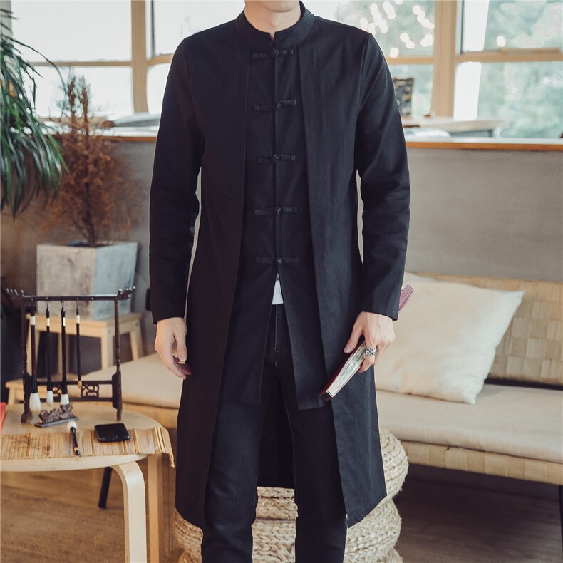 W201*中国风男士中长风衣棉麻盘扣复古国潮外套松鹤*P85,男装风衣,星座1516（原B303）