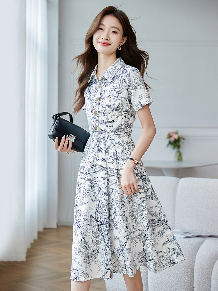 时尚高腰水墨印花连衣裙女2025夏季新款时尚休闲短袖长裙,女装连衣裙,时尚风爆