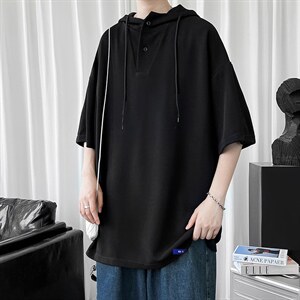LD54202-P45 连帽短袖t恤男大码胖子带帽五分袖中袖图片