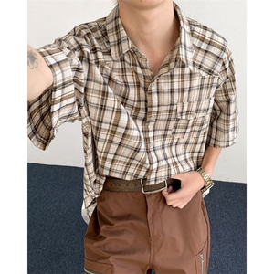 春秋季复古格子长袖衬衫男潮牌宽松休闲百搭痞帅衬衣外套图片