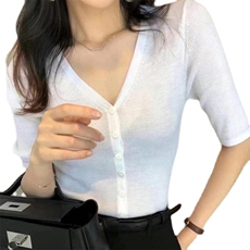2025年夏季时尚新款纯色潮时尚V领修身短袖针织衫，女装针织衫/毛衣，美轩羊绒