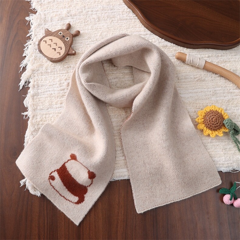 2025年秋季新款儿童加厚四平熊猫提花针织羊绒围巾时尚休闲通勤，围巾，联起羊绒