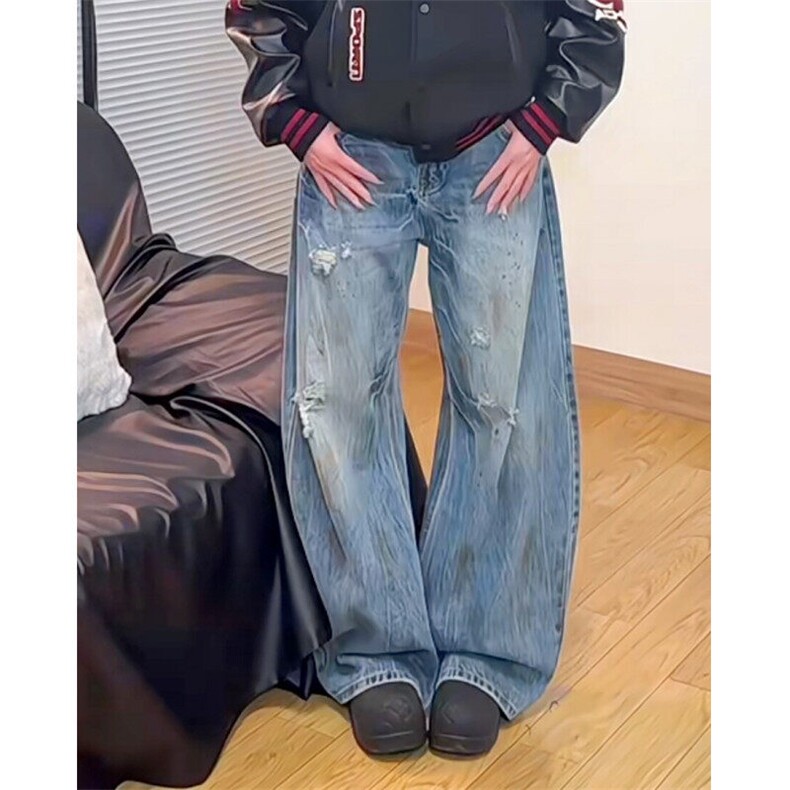 美式闪电裂水洗复古纹脏染破洞弯刀牛仔裤男女阔腿宽松镰刀长裤子,男装牛仔裤,星座601-1