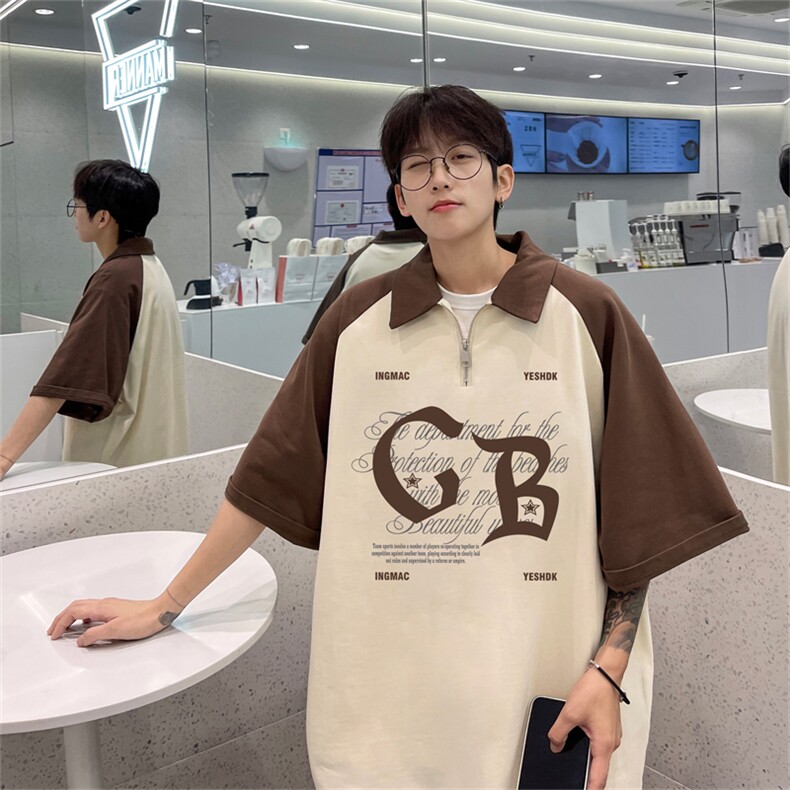 港风重磅全棉撞色插肩袖polo衫短袖男T恤XGP3214-P45控78,男装T恤,电商B370