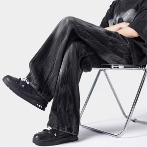 美式水洗牛仔裤男款潮牌宽松闪电纹直筒裤高街阔腿裤DA772-P45图片
