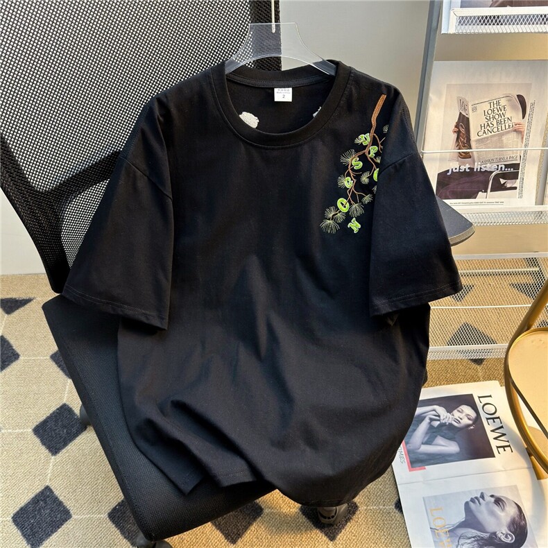 迎客松植绒刺绣t恤男款夏季美式高街潮牌短袖青少年痞帅纯棉半袖,男装T恤,星座1013