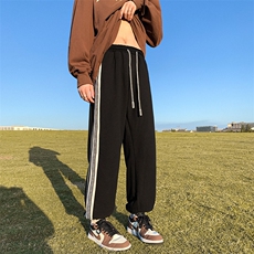 K3166-P45秋装潮流宽松中性男女情侣侧边棋盘格织带撞色休闲卫裤，男装休闲裤，电商A009A（原A058A）