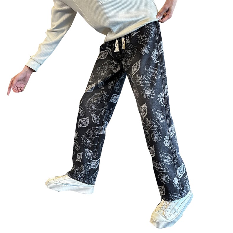 秋冬加绒牛仔裤男士个性树叶印花直筒牛仔弯刀裤潮901N50加绒P68,男装牛仔裤,星座901