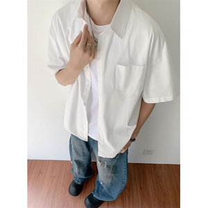 夏季基础款纯色短袖衬衫男美式潮牌百搭宽松休闲半袖衬衣 C053图片
