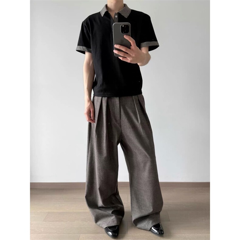 打褶拼接千鸟格tr混纺拼接老钱风长裤休闲裤复古阔腿西裤Q98p65,男装西裤,电商D256-3(原A064-3)