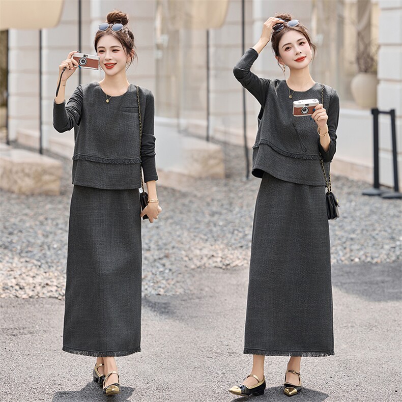 灰色休闲时尚套装裙女2025秋季新款法式今年流行马甲半身裙两件套，女装套装/套裙，丽影随形